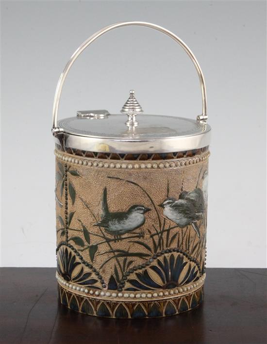 A Doulton Lambeth stoneware biscuit barrel, by Florence E. Barlow, dated 1884, 16cm. to finial